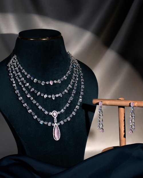 Four-Layer AD White & Pink Necklace Set - 20% OFF